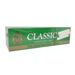 Box of unused Classic Tubes cigarettes made of cardboard with green and white design and a picture of a person smoking on the back.