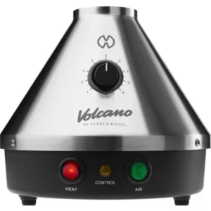 Small metal bowl with red and green lights, black screen showing timer and temperature gauge. Blinks in rhythm. #ClassicVolcano #StorzBickel