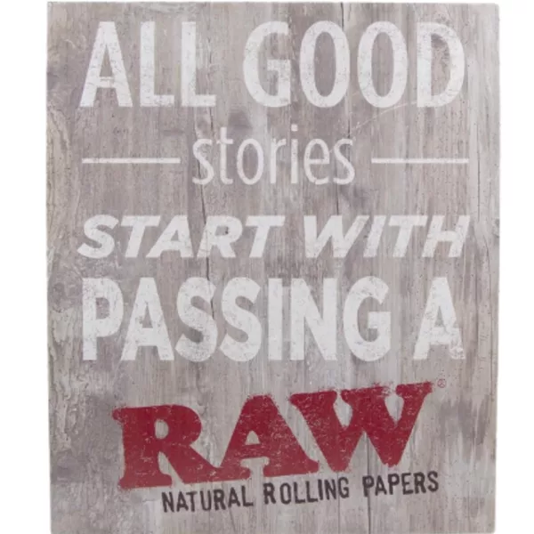 Handcrafted wooden sign with rustic charm, featuring the phrase 'all good stories start with a passing' in white letters on a brown background.