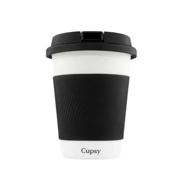 Cupsy - Puffco's sleek, curved coffee cup with black and white lid, perfect for holding your favorite hot beverage.