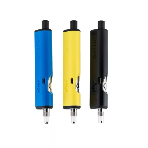 cylindrical, stainless steel body with black and blue color scheme. Rubber handle, temperature and battery level display, on/off button, refillable pod with USB charging port.
