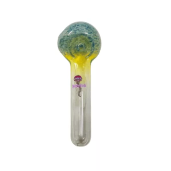 Handcrafted, opaque blue and yellow jellyfish-shaped glass pipe with a small clear loop at the top.