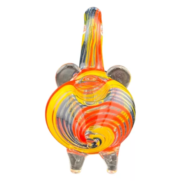 colorful, swirled glass object made of clear glass with red, orange, and yellow colors, standing on its hind legs.