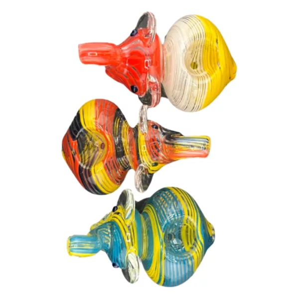 The Elephant Hand Pipe - VSACHP133 features three curved glass pieces in yellow and red, blue and green, and purple and orange color schemes.