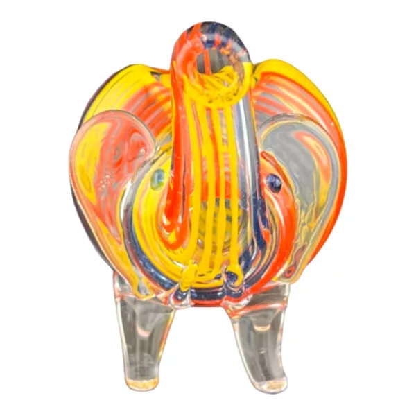 Glass elephant sculpture with multicolored body, transparent and visible internal organs, standing on hind legs, surrounded by liquid, lit by white light.