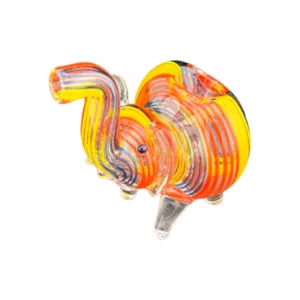 A long, curved glass pipe with a swirled design in shades of orange, yellow, and blue. The pipe has a small, round base and a long, curved neck. Perfect for smoking.
