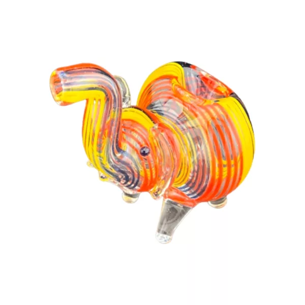 A long, curved glass pipe with a swirled design in shades of orange, yellow, and blue. The pipe has a small, round base and a long, curved neck. Perfect for smoking.