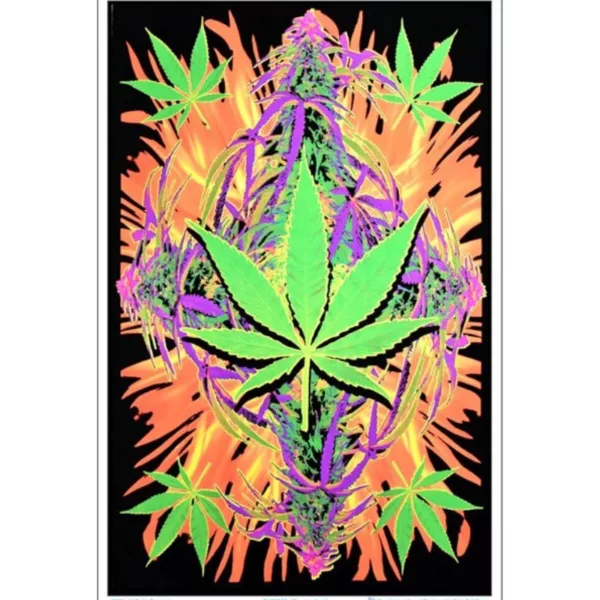 Beautifully designed poster with a psychedelic color scheme of purple, green, and yellow flames on a black background. Perfect for wall art or promoting a smoke company.