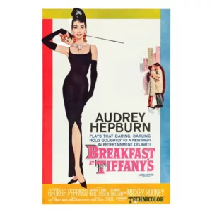 This poster for Breakfast at Tiffany's features a classic image of Audrey Hepburn as Holly Golightly, holding a violin in a black dress and sunglasses. The dark blue background adds to the moody atmosphere of the film. The poster is in good condition.