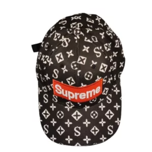 A black and white Supreme Space Hat with a red Supreme logo on the front in a monogram patter.