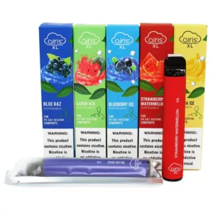 Airis XL NW - Airistech offers sleek, modern e-cigarettes with a range of flavors including blueberry, strawberry, and watermelon. Each package includes a USB charger, batteries, and e-liquids. The plastic devices have a metallic finish and a discreet logo.