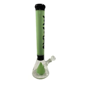Glass beaker with black handle, clear base and white top. Functional glassware for smoking use.