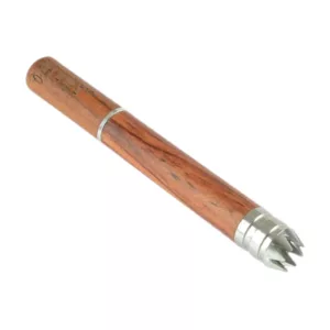 The image shows a Large Basic Digger Taster Bat made of dark wood with a polished surface and a silver metal tip with a sharp edge. It has a metal clip on the end and an overall professional and elegant appearance.
