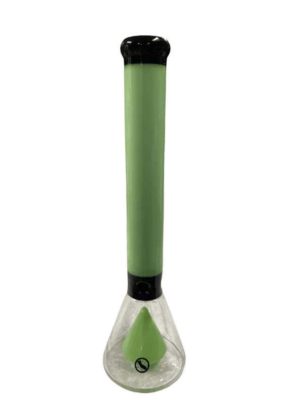A green glass bong with a black base and clear stem, featuring a small, round base and long, curved neck. It sits on a green background.