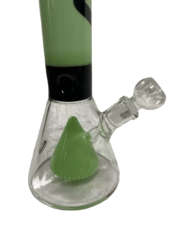 Stainless steel base and stem, green borosilicate glass body, large triangular pyramid shape with two small beads on the inside.