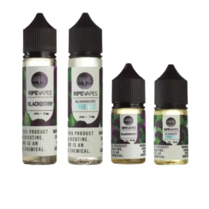 Dark purple labeled Blackberry Freeze Juice from Ripe Vapes in clear glass bottle with three small bottles. White background.