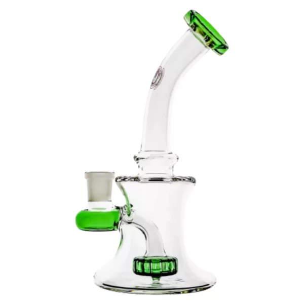 A glass bong with a clear body, green handle, and two holes, sitting on a white background.