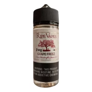 Glass bottle of Grape Freeze Salt - Ripe Vapes with black vintage label, featuring a grape with leaf and Grape Freeze & Ripe Vapes in white.