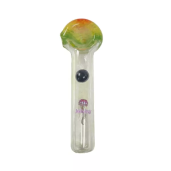 a multi-colored, wavy glass smoking pipe with a small black dot and translucent mouthpiece. Clear, smooth body with green, blue, and red shades.