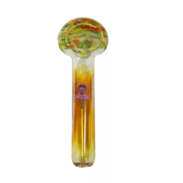 Jellyfish Glass bubbler with colorful, abstract sea-inspired design. Clear base with orange, yellow, green swirls and reflective smooth bottom.