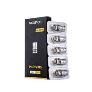 5 unique coil designs for VooPoo vaping devices, made of different materials and featuring hexagon, square, round, and rectangular shapes. Black packaging with white 'VooPoo' text and cartoon character illustration.