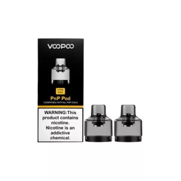 A pack of two black and clear replacement pods for the VooPoo device, with minimalist packaging and clear details.