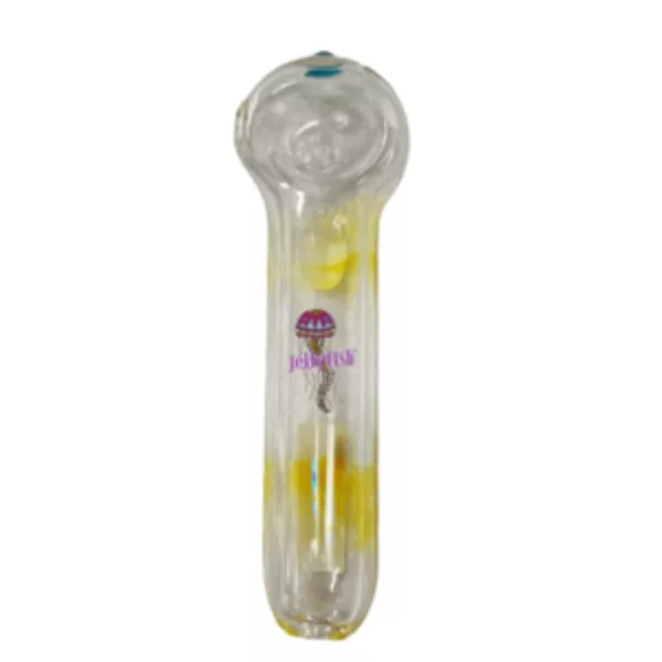 Clear plastic pipe with yellow and white interconnected circle design, small circle in center. Stands upright on white background.