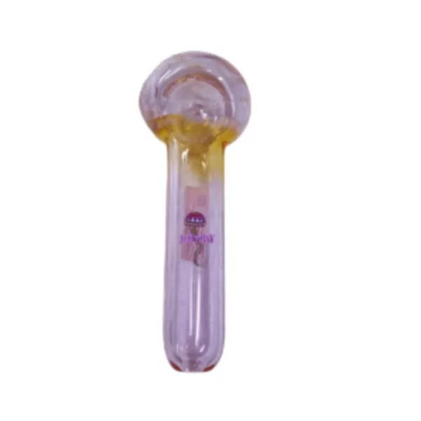 Purple and pink, clear, fumed stem, shaped like a jellyfish with a small mouthpiece.