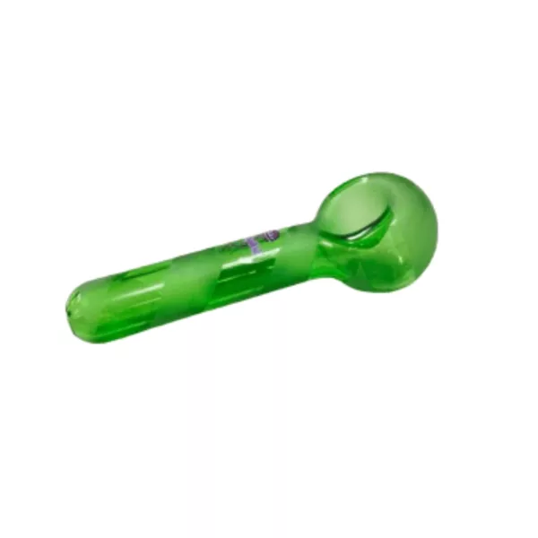 A green glass pipe with a long, curved stem and small, round bowl. The bowl is transparent and the stem is also transparent. It sits on a white background.