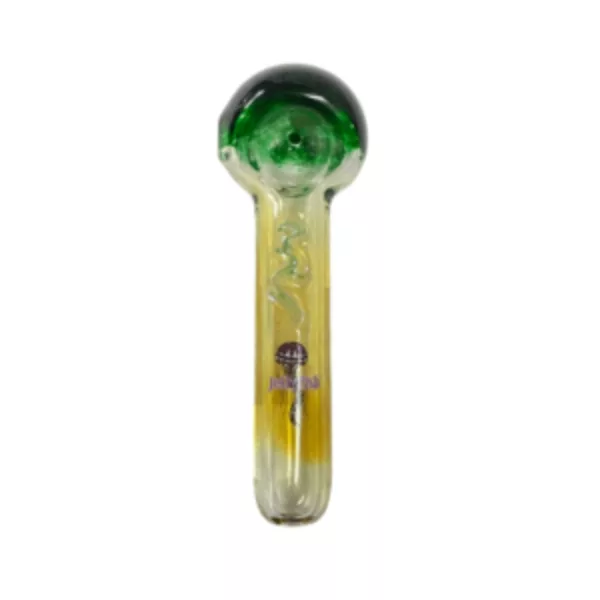 Jellyfish Glass bong with green and yellow spiral design, clear stem and base, and small green/yellow bowl pattern.