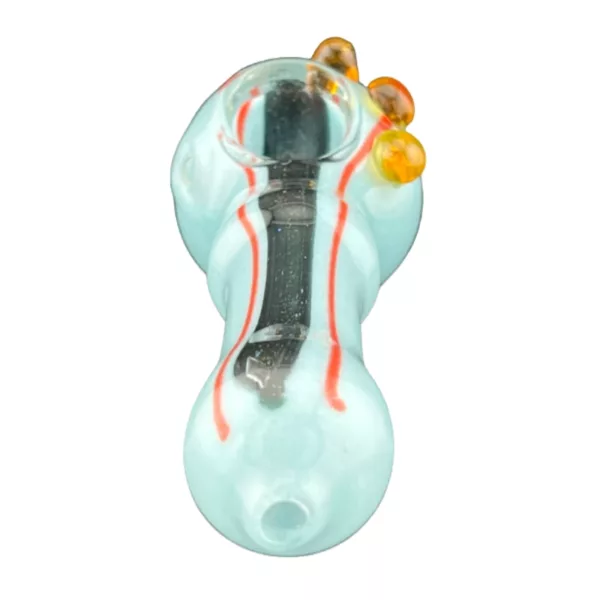 Orange and black striped glass pipe with rounded mouthpiece and small inhale hole.