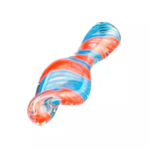Handcrafted glass pipe with red, white, and blue swirl design and open bowl for smoke. #vsxy94