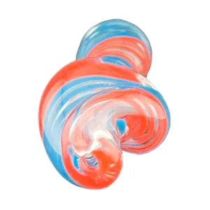 Handcrafted Twirgley Chillum with red, white, and blue swirl pattern on clear glass.
