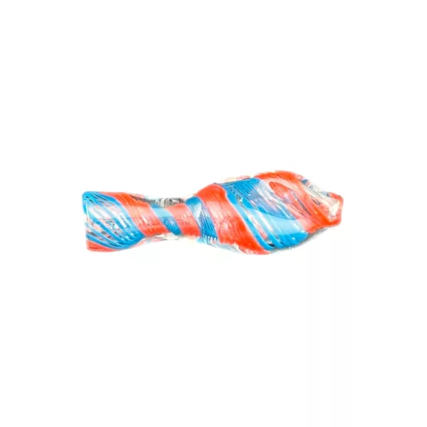 Handcrafted blue and orange twisted straw chillum in whale tail shape with white swirls.