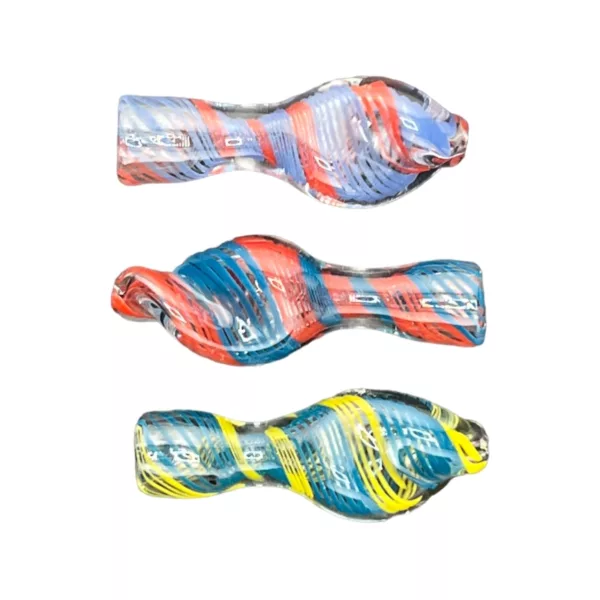 Hand-painted glass pipe with swirling design in red, blue, and yellow. #vsxy94