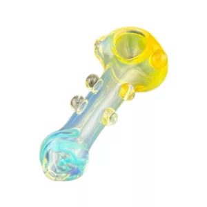 Clear glass pipe with orange and yellow swirl design and small bowl hole.