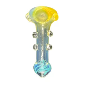 Blue and yellow glass swirl tip with black droplets.