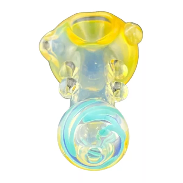 Glass waterpipe with swirled tip and clear bowl for a unique smoking experience.