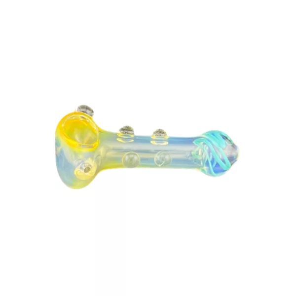 Clear glass smoking pipe with swirled tip and transparent bowl. Tapered base. No etchings.