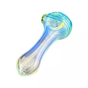Blue and yellow etched glass pipe with clear plastic stem and base. Swirly Bowl - VSACHP153.