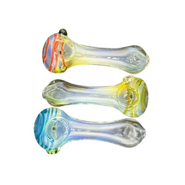Handmade glass smoking pipe with swirly handle and human face design on opposite end. Clear glass with colored swirls.