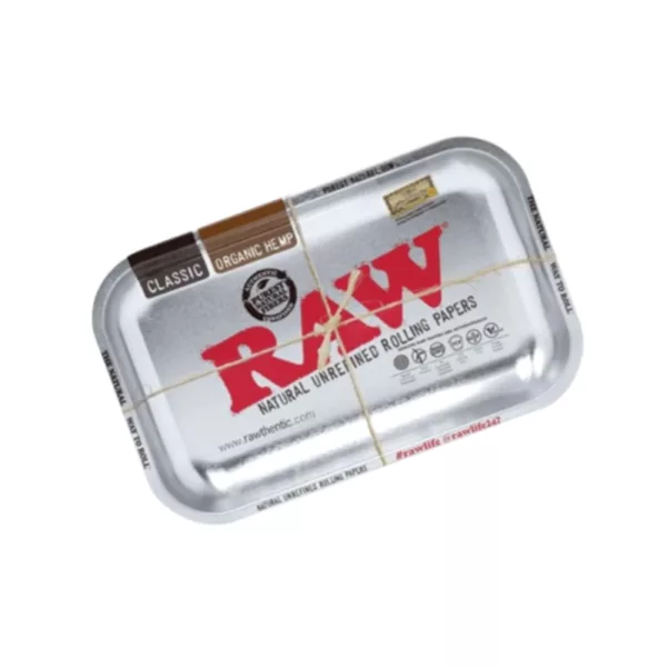 Metal food tray with 'RAW' label in white letters. Rectangular shape with rounded edges. Suitable for raw meat or other food items.