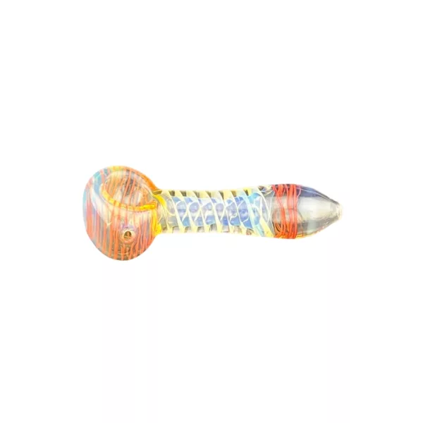 Elegant glass pipe with abstract, swirling vortex design in shades of blue, green, and orange.