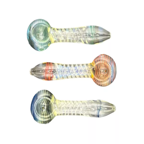 Smooth glass spoon with blue & yellow swirl design, long handle for one-handed use. #VSACHP165