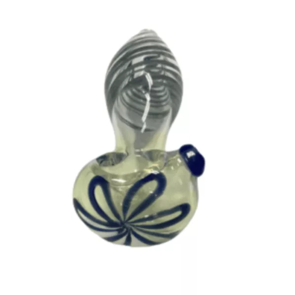 Blue and white swirl glass pipe with round base and long curved neck on white background.