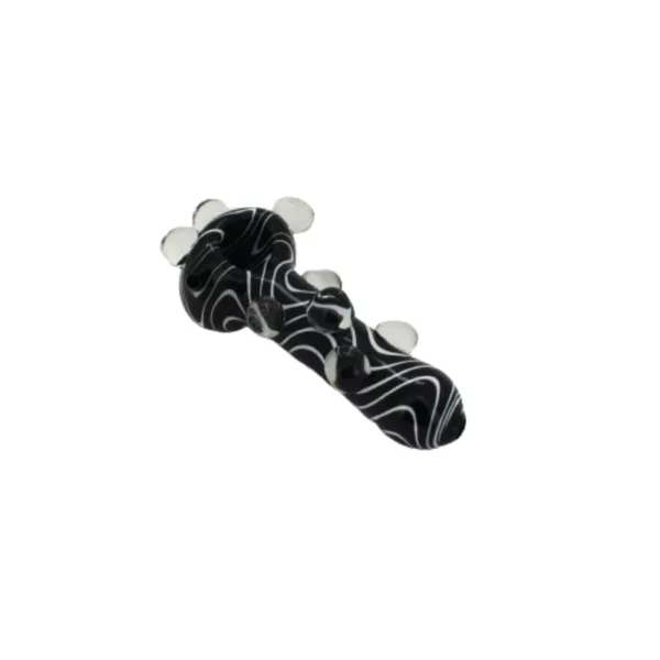 Symmetrical black and white zebra pattern on metal pipe or jewelry. Sharp lines and white background. NNH273.