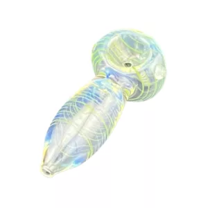 Blue and yellow spiral glass smoking pipe with clear acrylic mouthpiece and silver band.