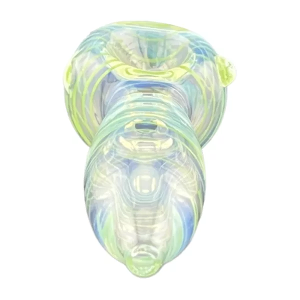 Clear glass pipe with small, curved downstem, long tapered upstem, round smooth bowl, small flared base, thin clear shank, and colorful abstract designs on bowl.