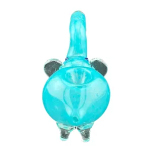 Colorful elephant-shaped water pipe made of transparent blue glass with blue and purple highlights and a small hole on its face.