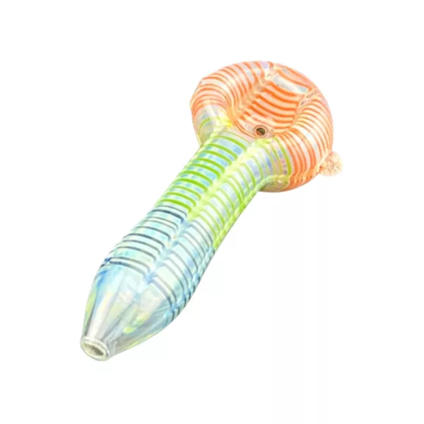 Unique, colorful glass pipe with spiral design on stem and base, perfect for smoking.